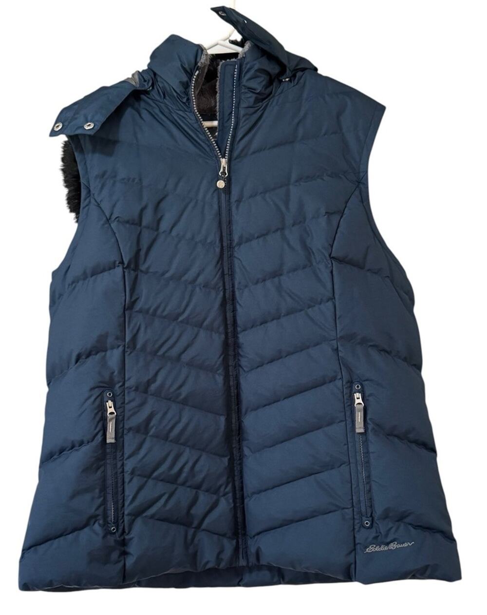 Eddie Bauer Sleeveless Puffer Down Vest Faux Fur Lined Hood Women Size XXL City
